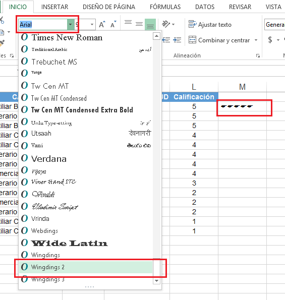 Para utilizar el sistema de calificación con estrellas en Excel, cambiamos el formato de fuente